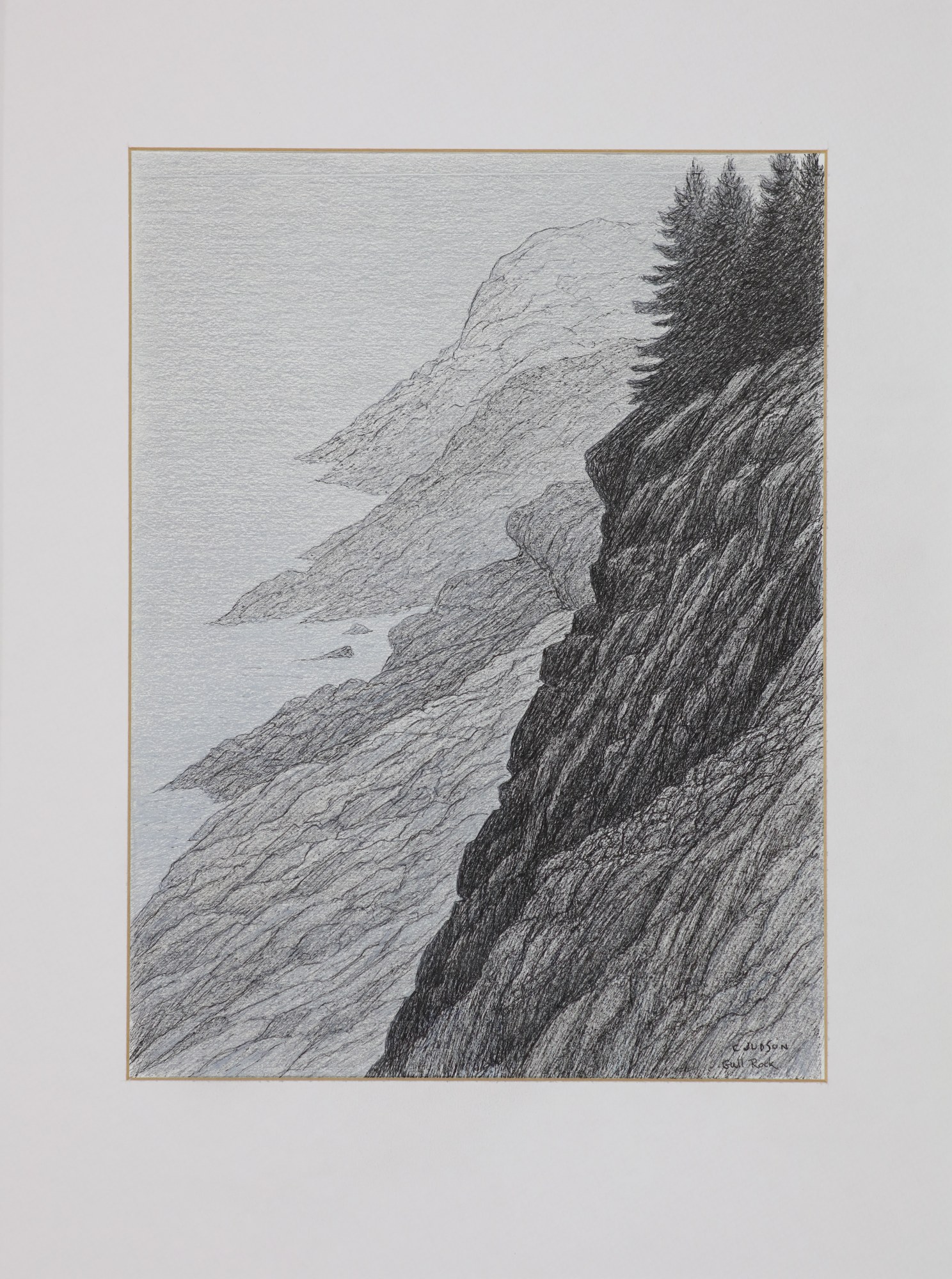 Gull Rock — graphite rendering of a rocky headland with spruce, signed C. Judson.