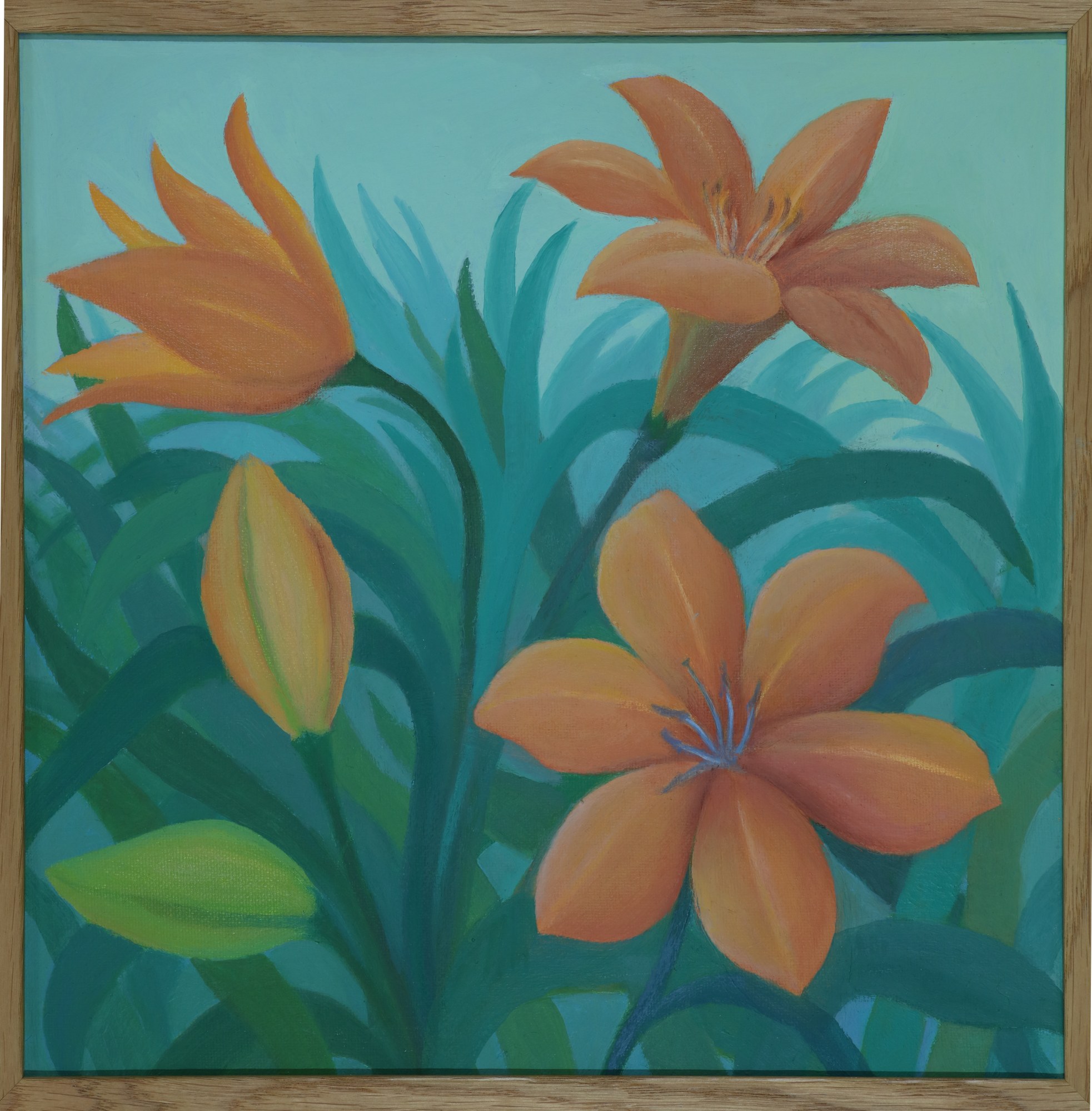Lilies in Teal — three orange lilies against a teal foliage ground, oil on canvas.