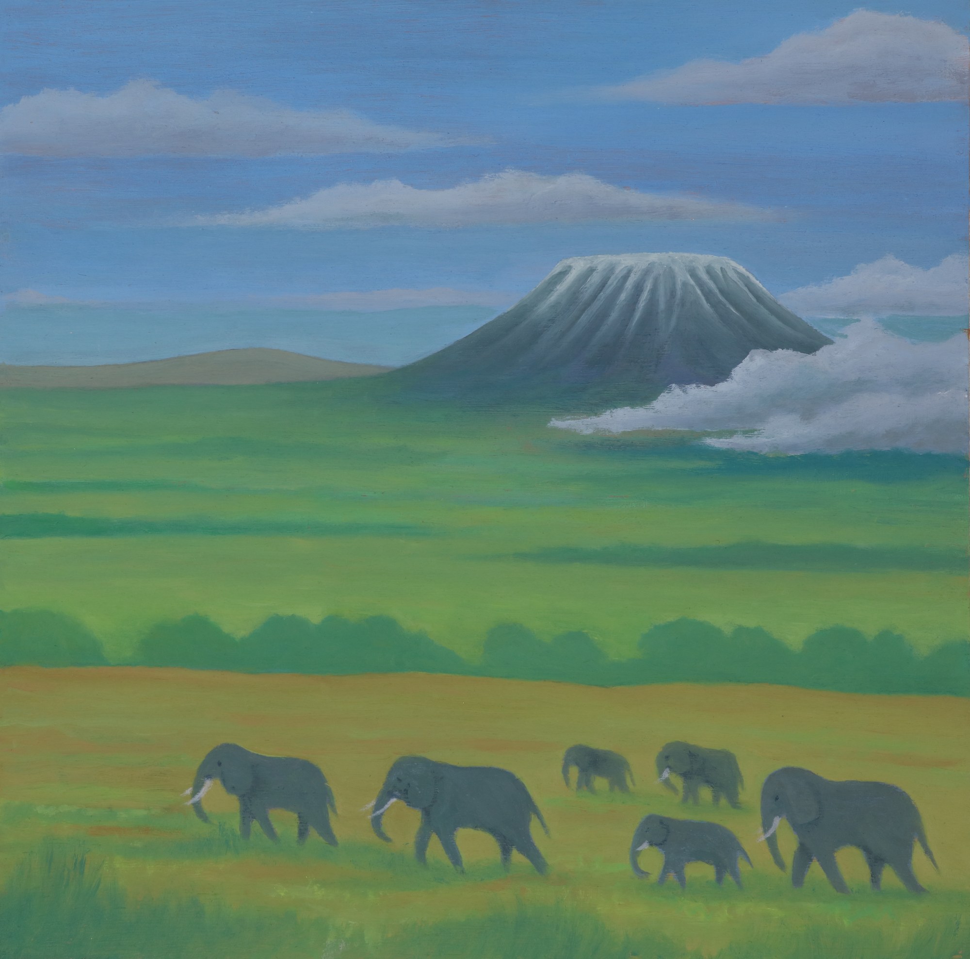 Kilimanjaro, Study — small herd of elephants on the savanna with the mountain beyond, oil on canvas.