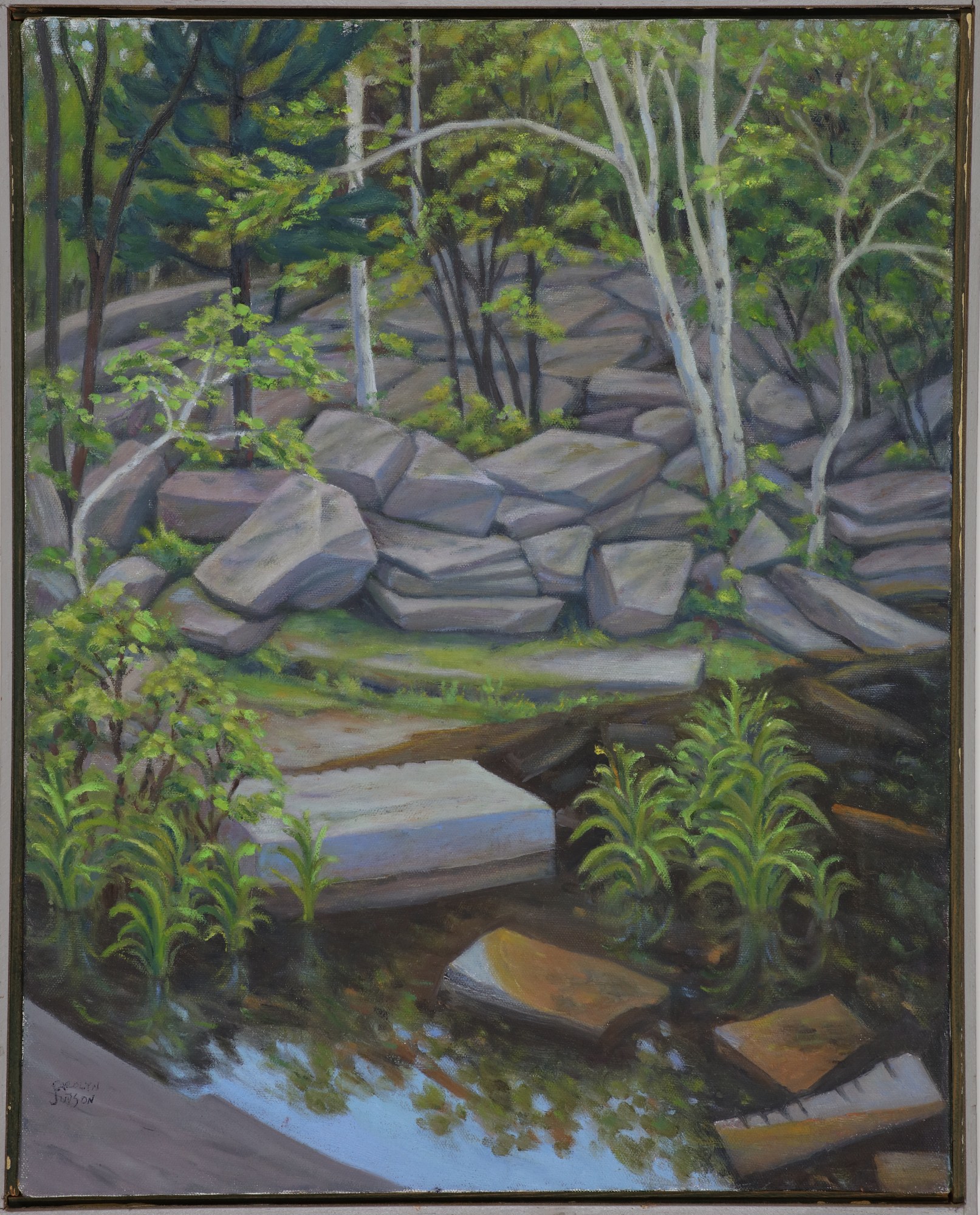 Stream in the Pines — a forest stream with rocks and reflected light, oil on canvas.